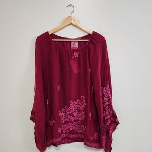 NWT Johnny Was Fay Raglan embroidered boho/western burgundy blouse, Size XS flaw